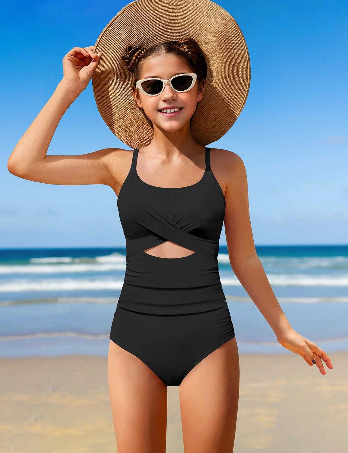Girl Swimsuit One Piece Cutout Ruched Bathing Suit for Girls V-Neck Color Block Adjustable Straps Pad Swimwear 9-16y