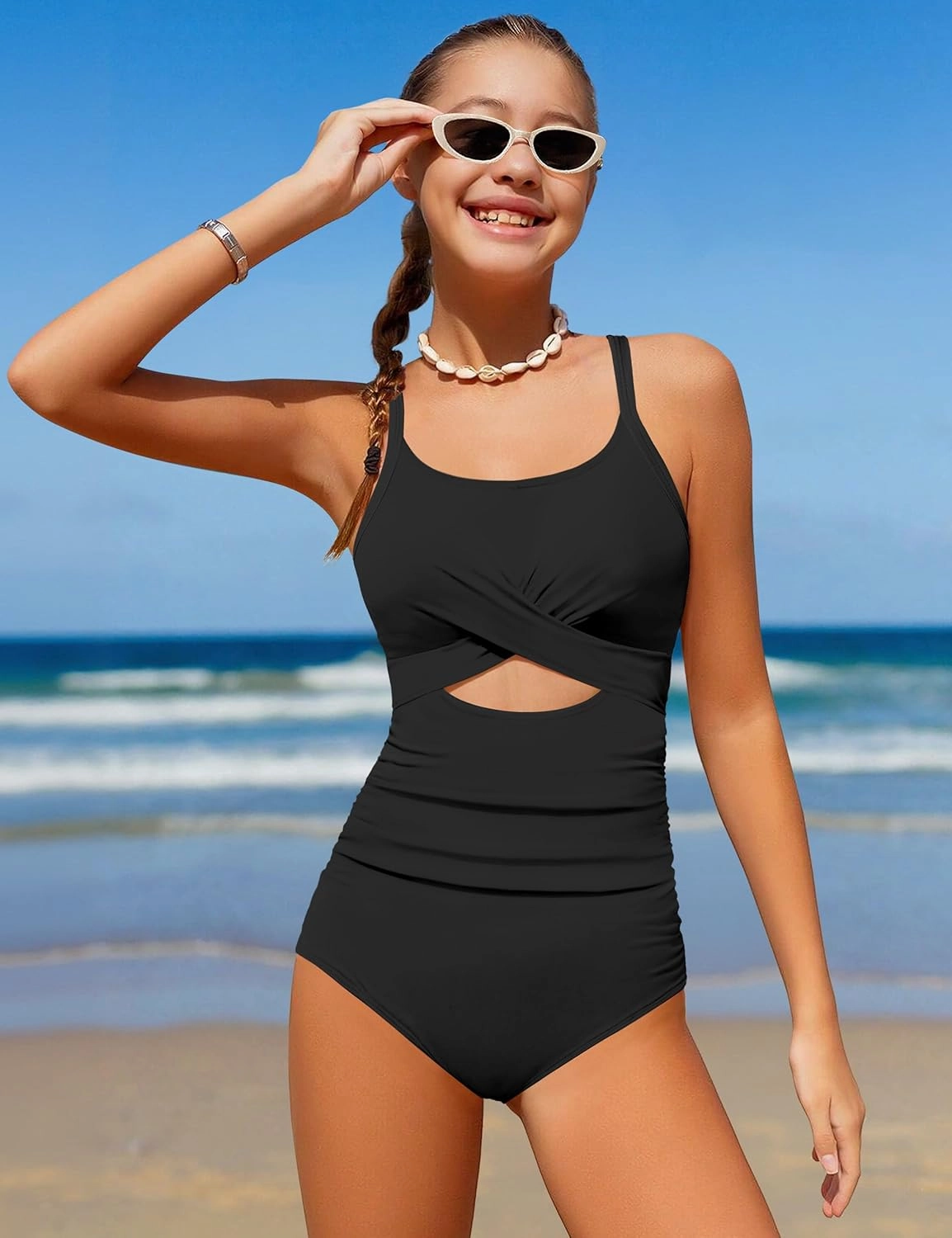 Girl Swimsuit One Piece Cutout Ruched Bathing Suit for Girls V-Neck Color Block Adjustable Straps Pad Swimwear 9-16y