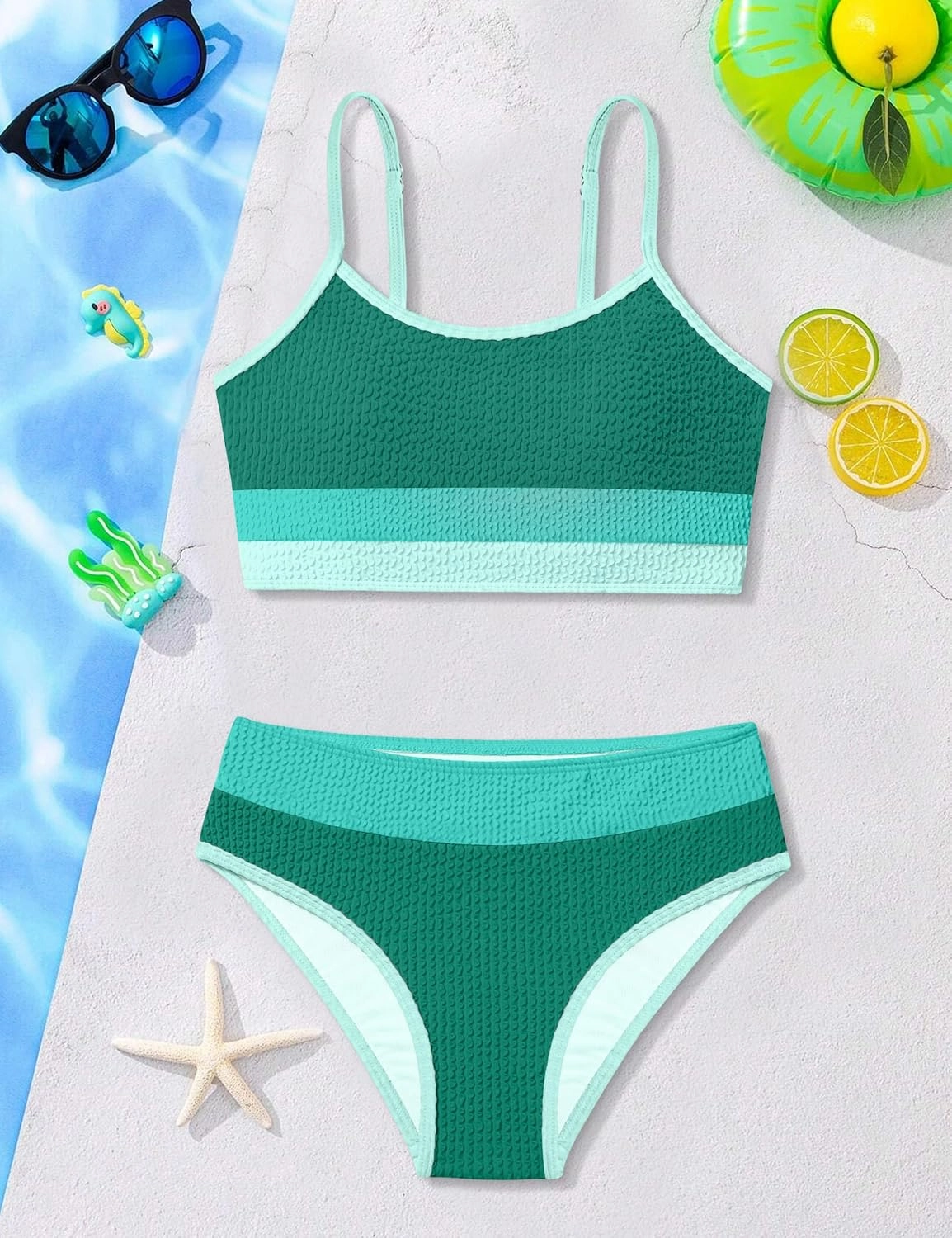 Girls Bathing Suit Color-Block Adjustable Straps Bikini Sets Girls Two Piece Swimsuits with Chest Pad Swimwear 7-18T