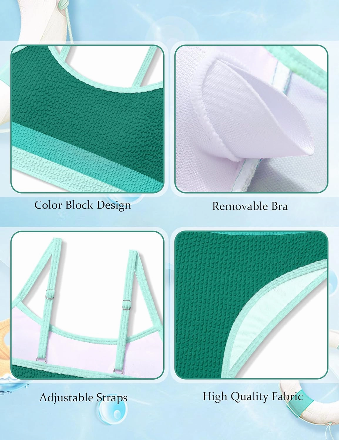 Girls Bathing Suit Color-Block Adjustable Straps Bikini Sets Girls Two Piece Swimsuits with Chest Pad Swimwear 7-18T