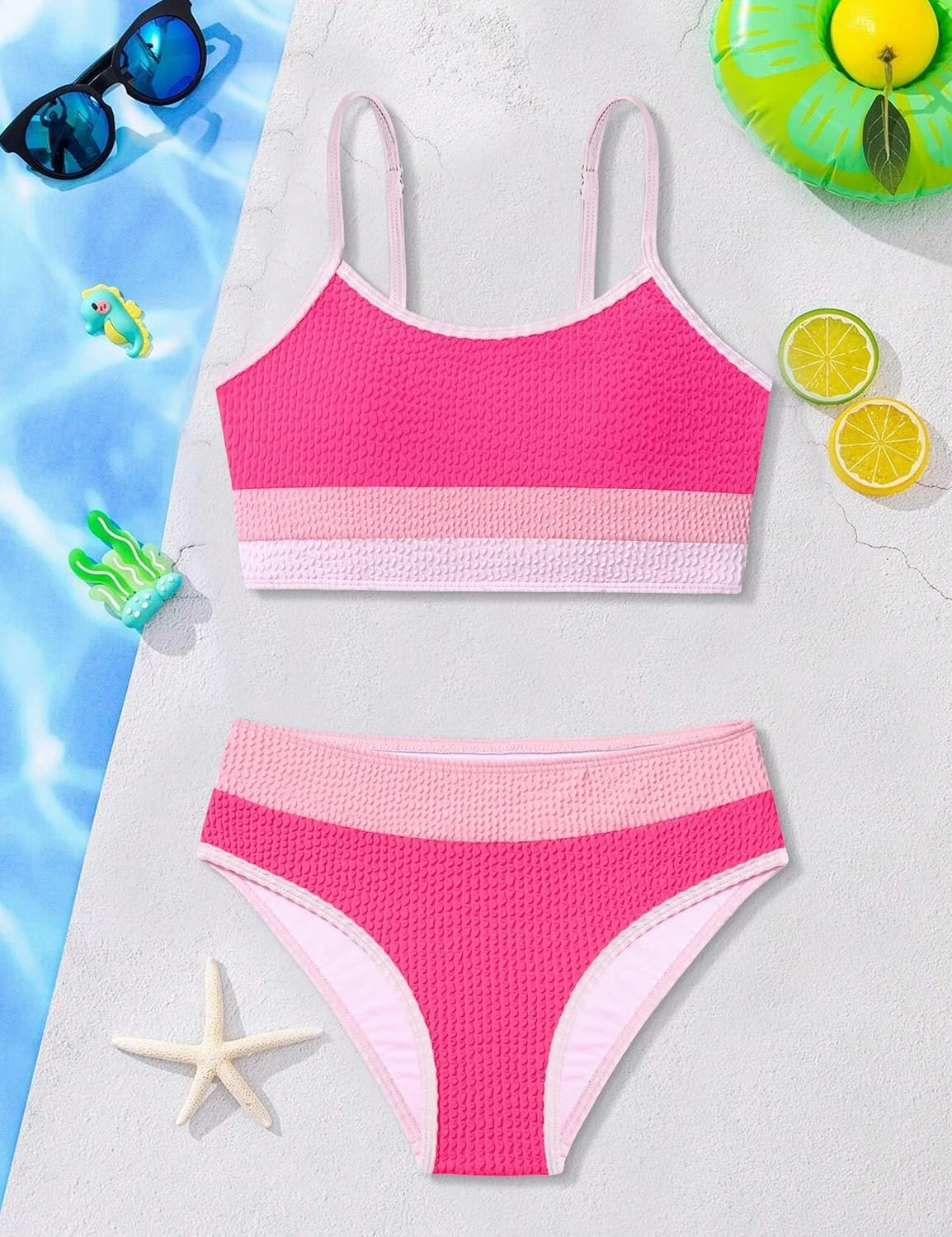 Girls Bathing Suit Color-Block Adjustable Straps Bikini Sets Girls Two Piece Swimsuits with Chest Pad Swimwear 7-18T