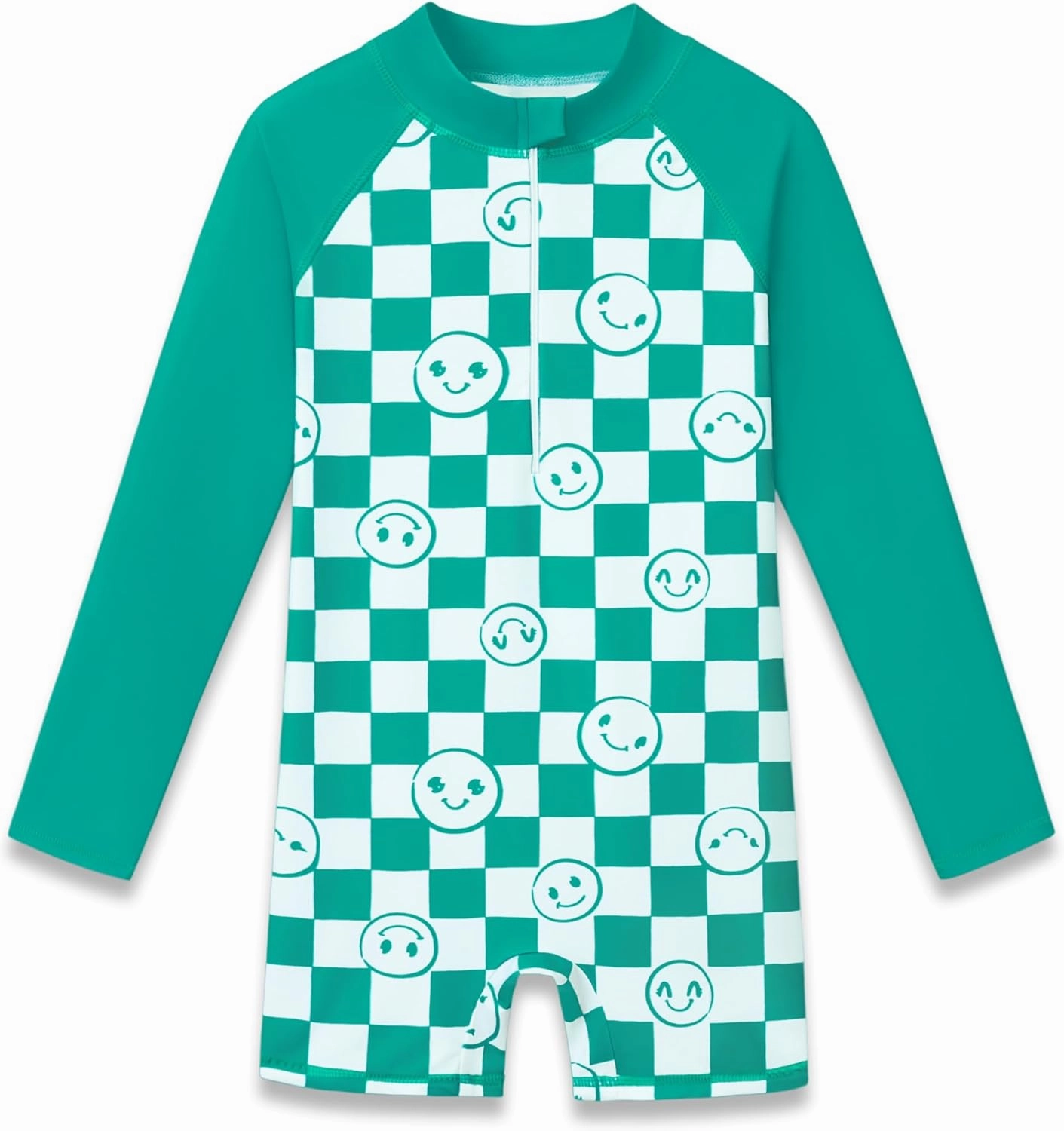 Girls Long Sleeve Rash Guard One Piece Swimsuit - Mermaid Checker Face Zipper Front Toddler Bathing Suit 2T-10