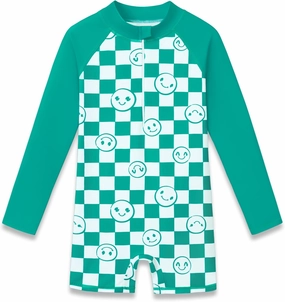 Girls Long Sleeve Rash Guard One Piece Swimsuit - Mermaid Checker Face Zipper Front Toddler Bathing Suit 2T-10