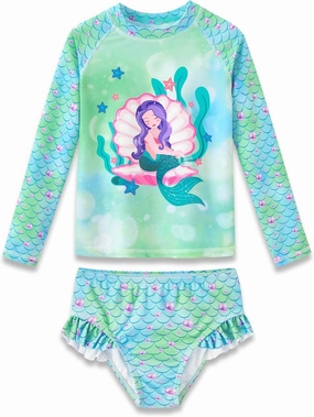 Girls Long Sleeve Rash Guard One Piece Swimsuit - Mermaid Checker Face Zipper Front Toddler Bathing Suit 2T-10