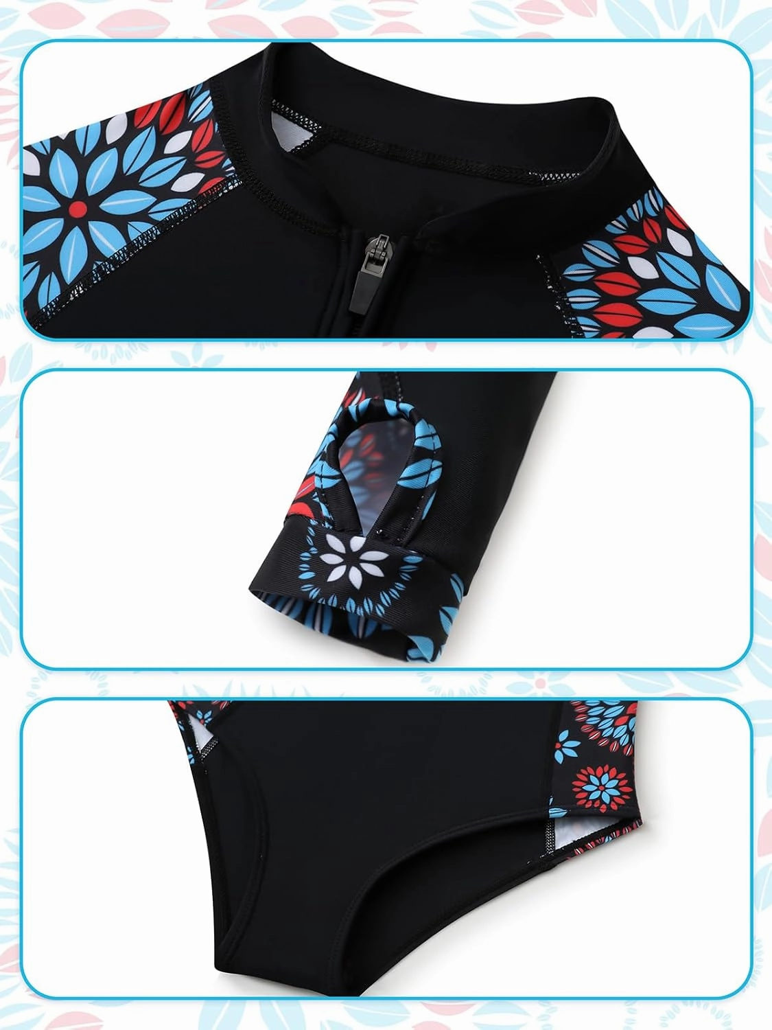 Girls Long Sleeve Rashguard Swimsuit UV Protection One-Piece Swimwear Bathing Suit