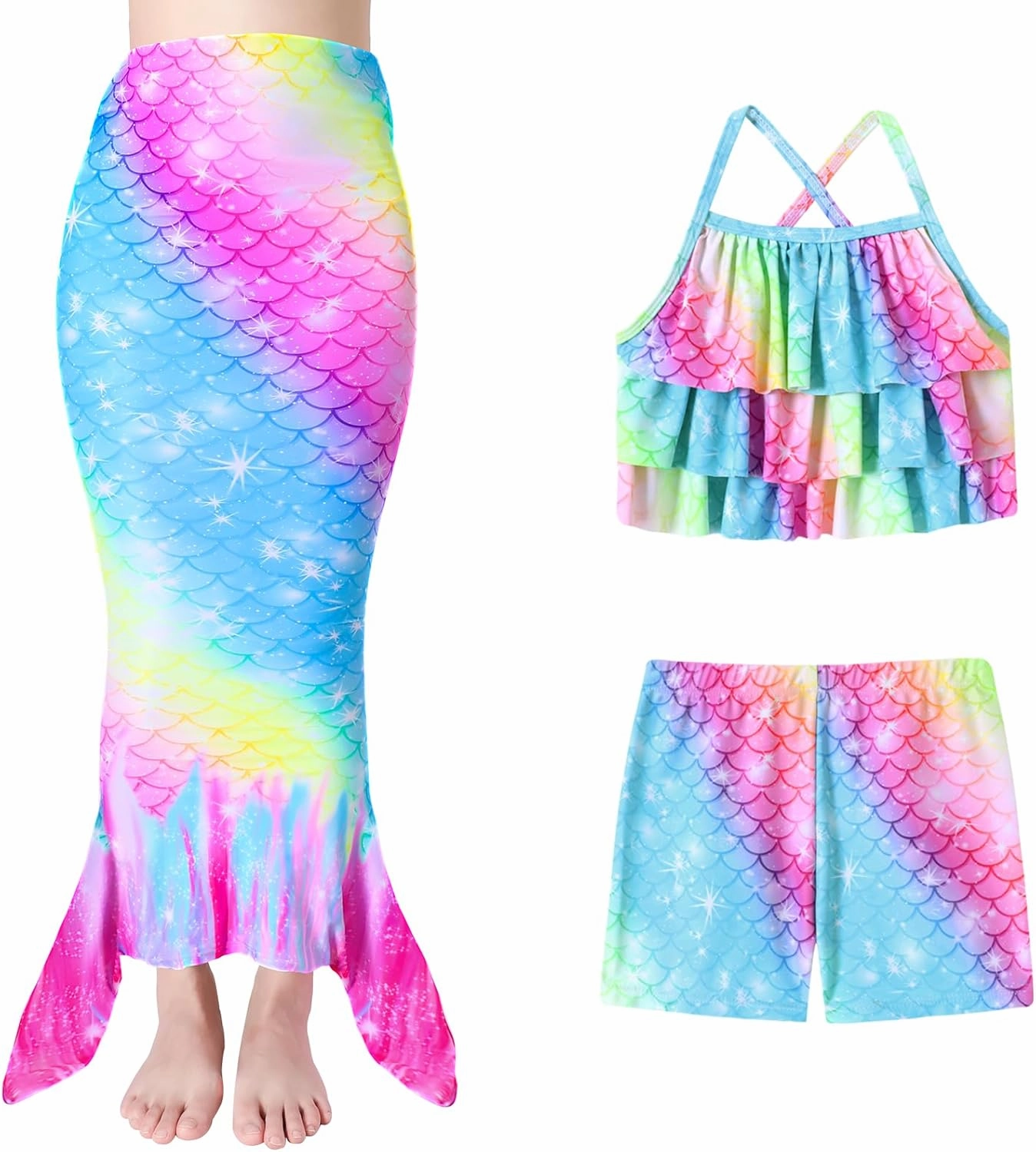 Girls Mermaid Bathing Suit 3PCS Cute Ruffle Tankini Swimsuits with Boyshort Fish Tail Kids Beach Swimwear 3-11Y
