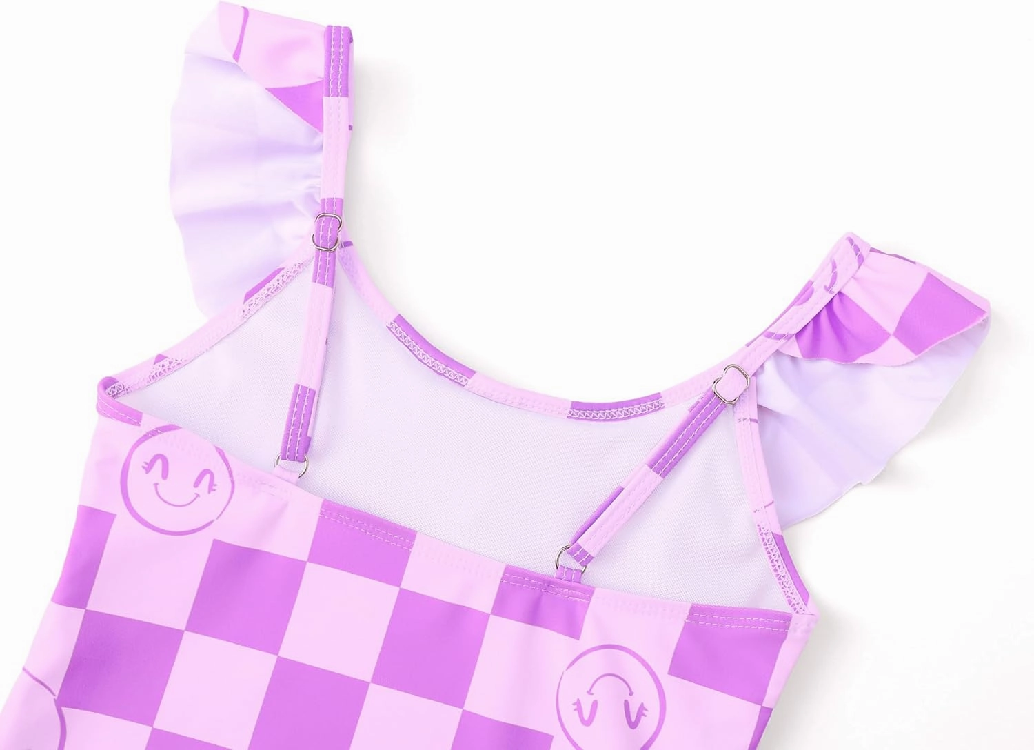 Girls One Piece Swimsuit - Adjustable Strap, Checked Face & Mermaid Print Toddler Ruffle Bathing Suit Size 2T-10