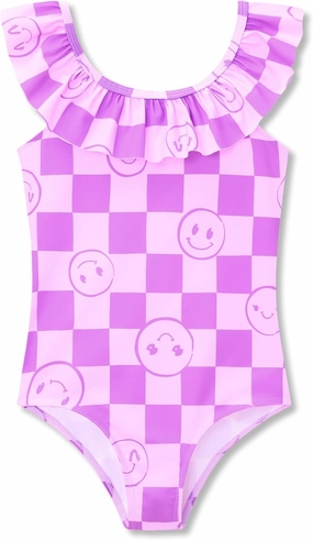 Girls One Piece Swimsuit - Adjustable Strap, Checked Face & Mermaid Print Toddler Ruffle Bathing Suit Size 2T-10