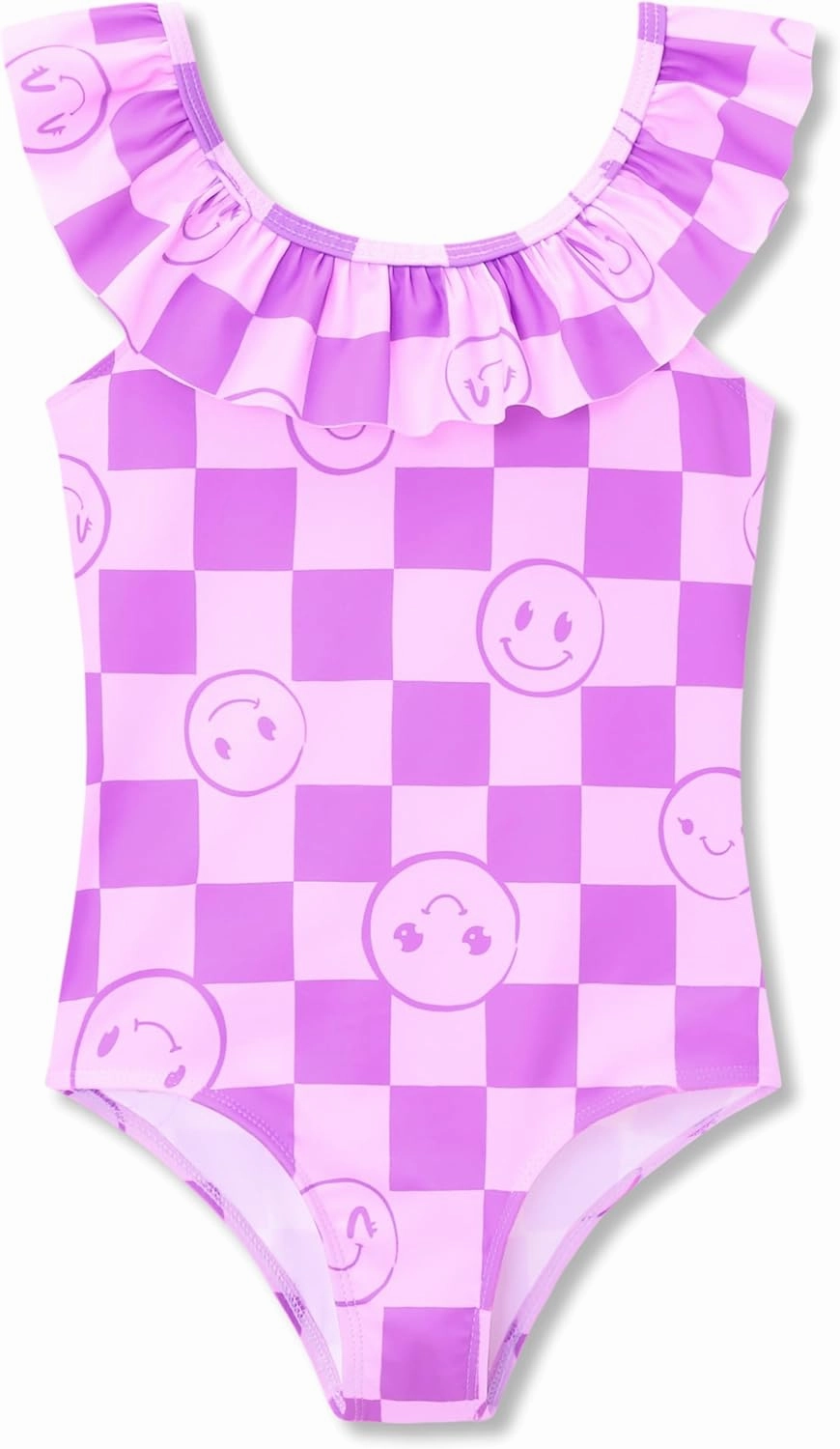 Girls One Piece Swimsuit - Adjustable Strap, Checked Face & Mermaid Print Toddler Ruffle Bathing Suit Size 2T-10