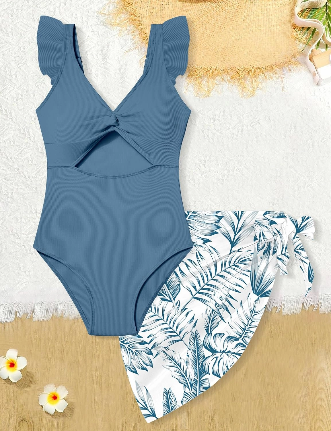 Girls One Piece Swimsuit Cut Out Ruffle Bathing Suit Twist V Neck Swimwear Solid Color with Cover Up Skirt 7-18T