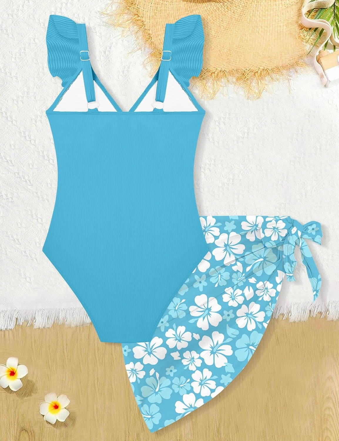 Girls One Piece Swimsuit Cut Out Ruffle Bathing Suit Twist V Neck Swimwear Solid Color with Cover Up Skirt 7-18T