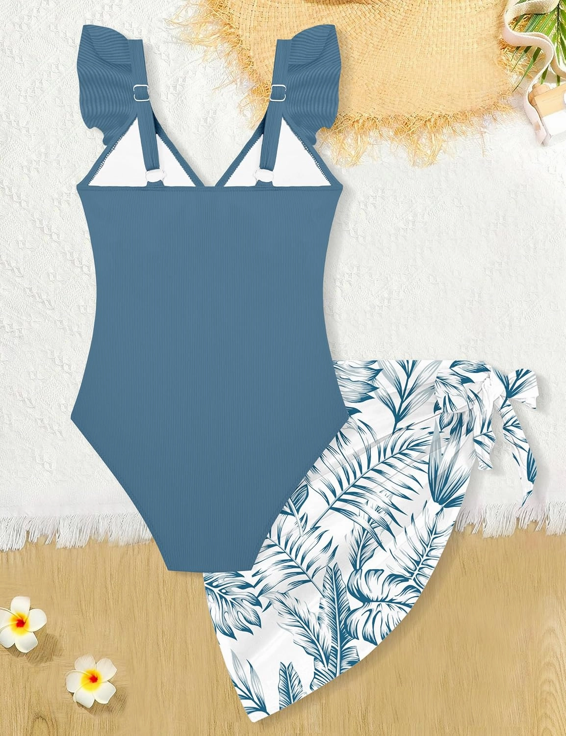Girls One Piece Swimsuit Cut Out Ruffle Bathing Suit Twist V Neck Swimwear Solid Color with Cover Up Skirt 7-18T
