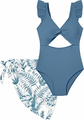 Girls One Piece Swimsuit Cut Out Ruffle Bathing Suit Twist V Neck Swimwear Solid Color with Cover Up Skirt 7-18T