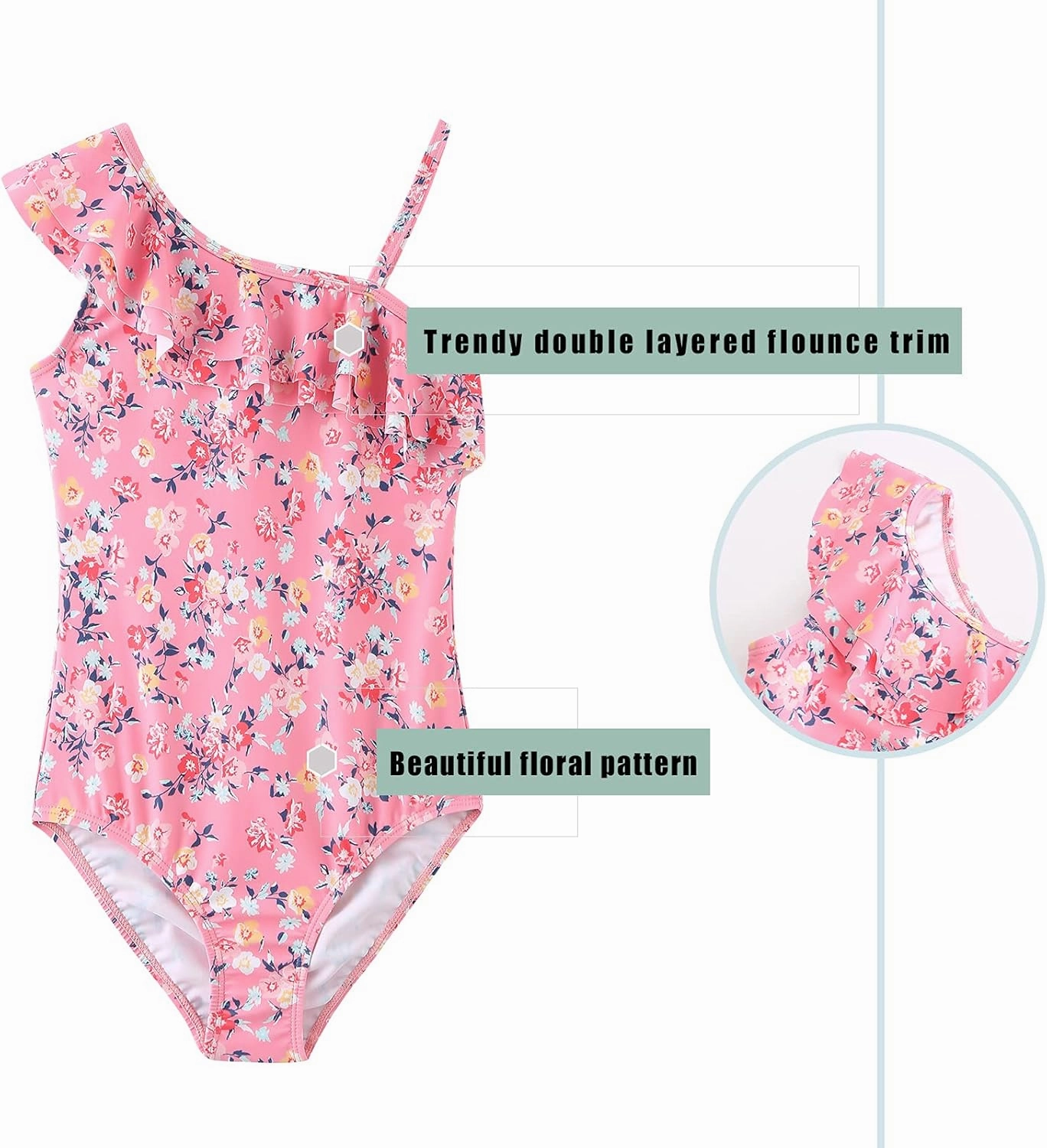 Girls One Piece Swimsuits One Shoulder Ruffle Swimwear Floral Bathing Suit