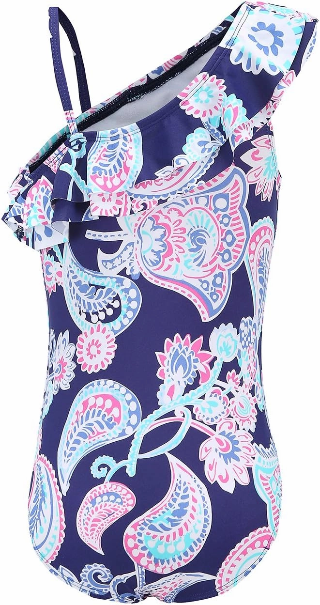 Girls One Piece Swimsuits One Shoulder Ruffle Swimwear Floral Bathing Suit