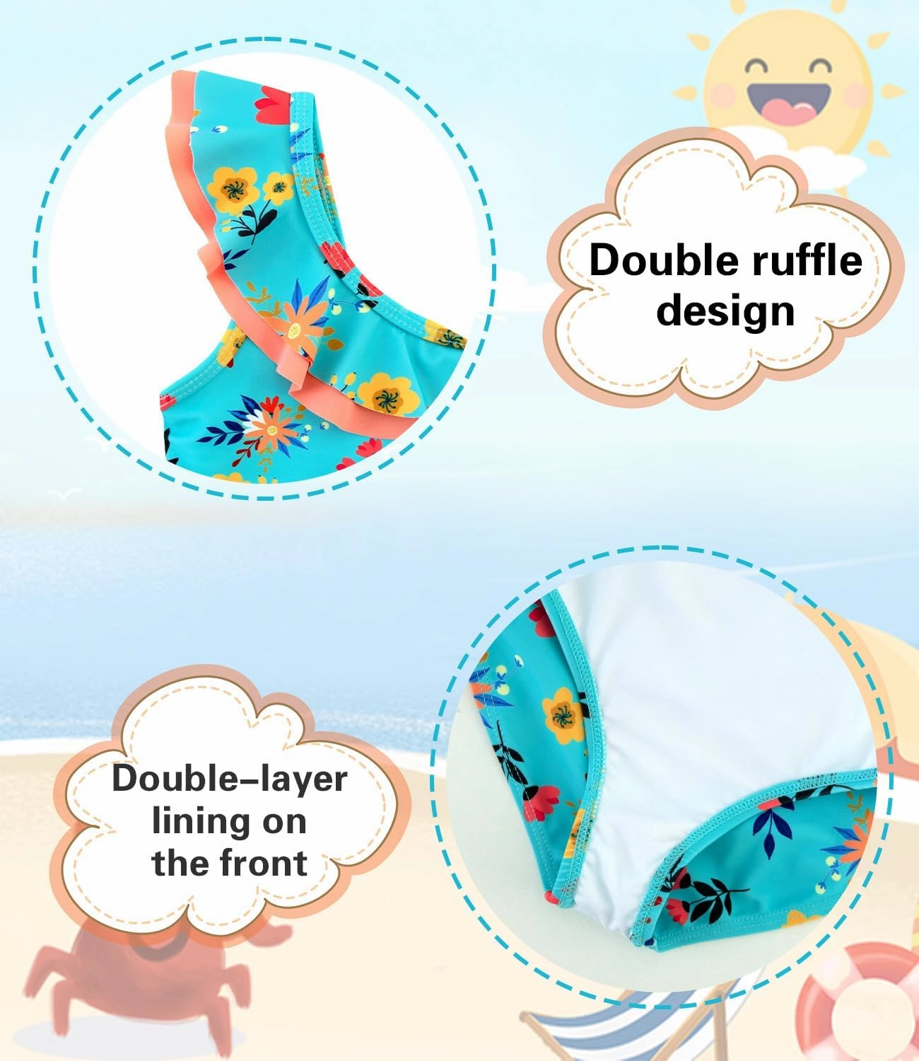 Girls One Piece Swimsuits Quick Dry Toddler Bathing Suits Cute Ruffled Round Neck Beach Swimwear 3-10 Years