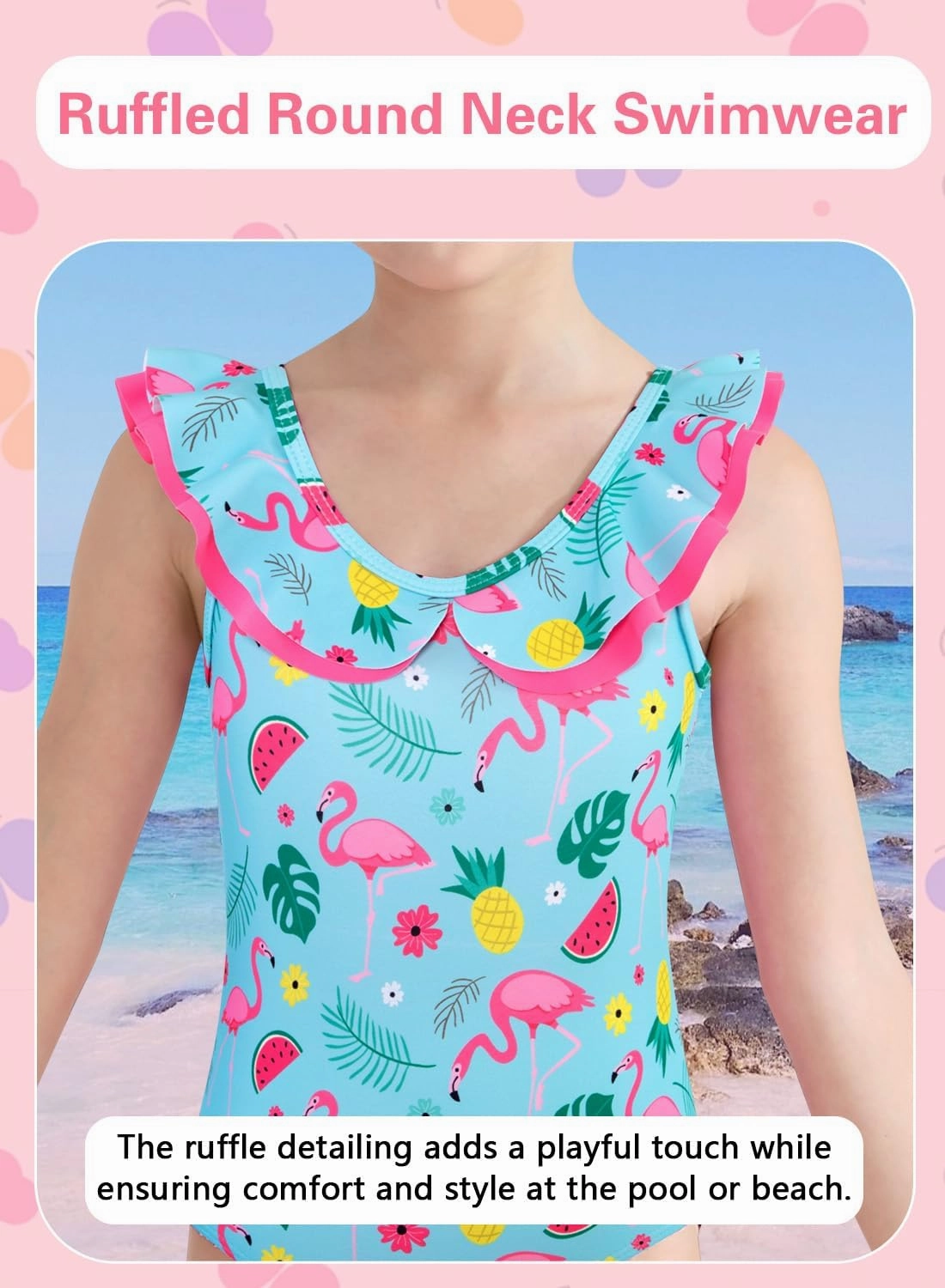 Girls One Piece Swimsuits Quick Dry Toddler Bathing Suits Cute Ruffled Round Neck Beach Swimwear 3-10 Years