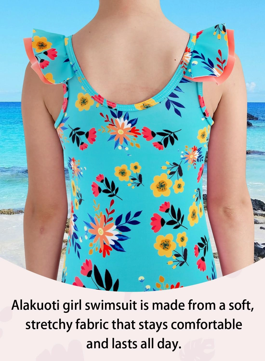 Girls One Piece Swimsuits Quick Dry Toddler Bathing Suits Cute Ruffled Round Neck Beach Swimwear 3-10 Years