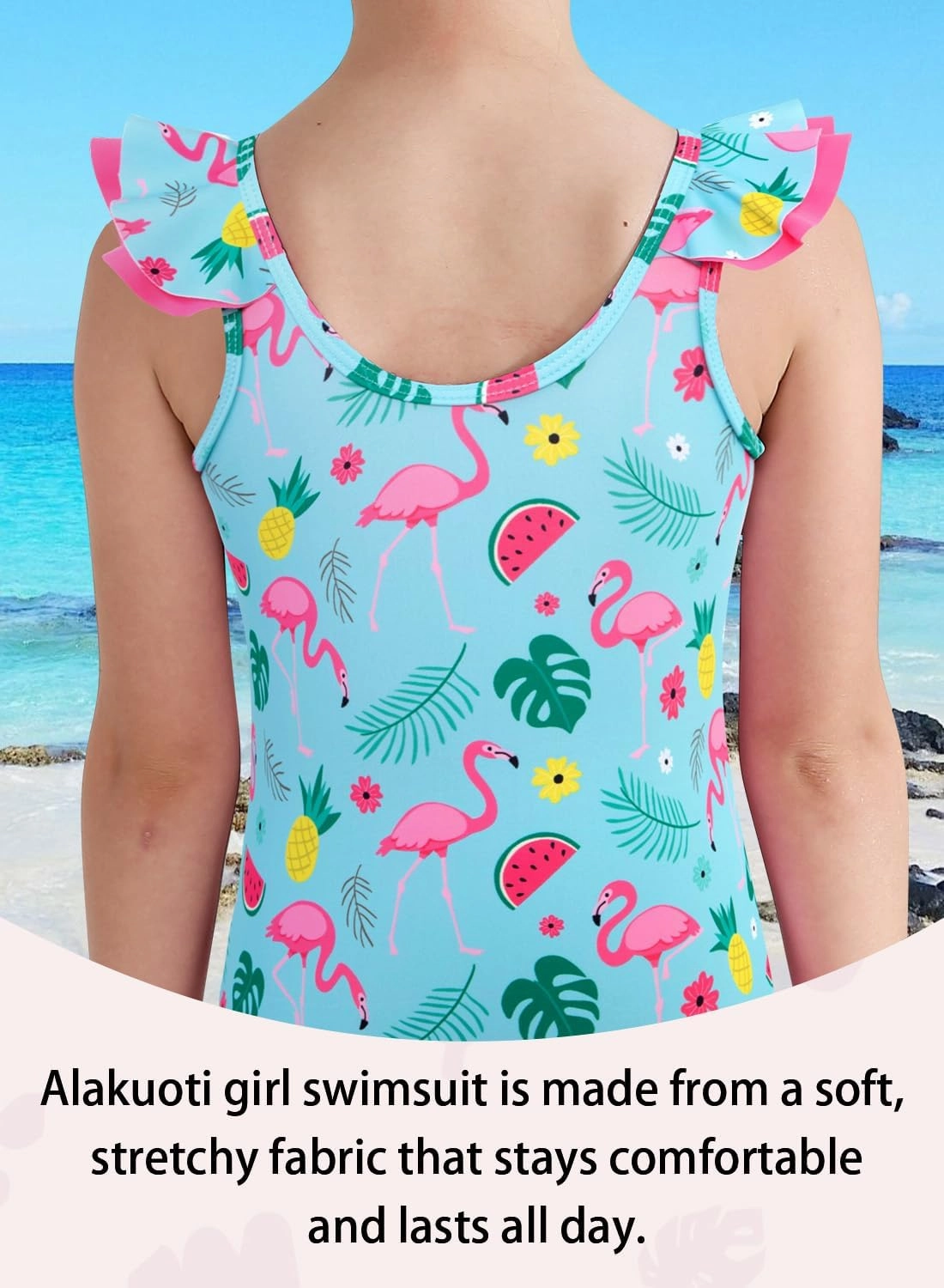 Girls One Piece Swimsuits Quick Dry Toddler Bathing Suits Cute Ruffled Round Neck Beach Swimwear 3-10 Years