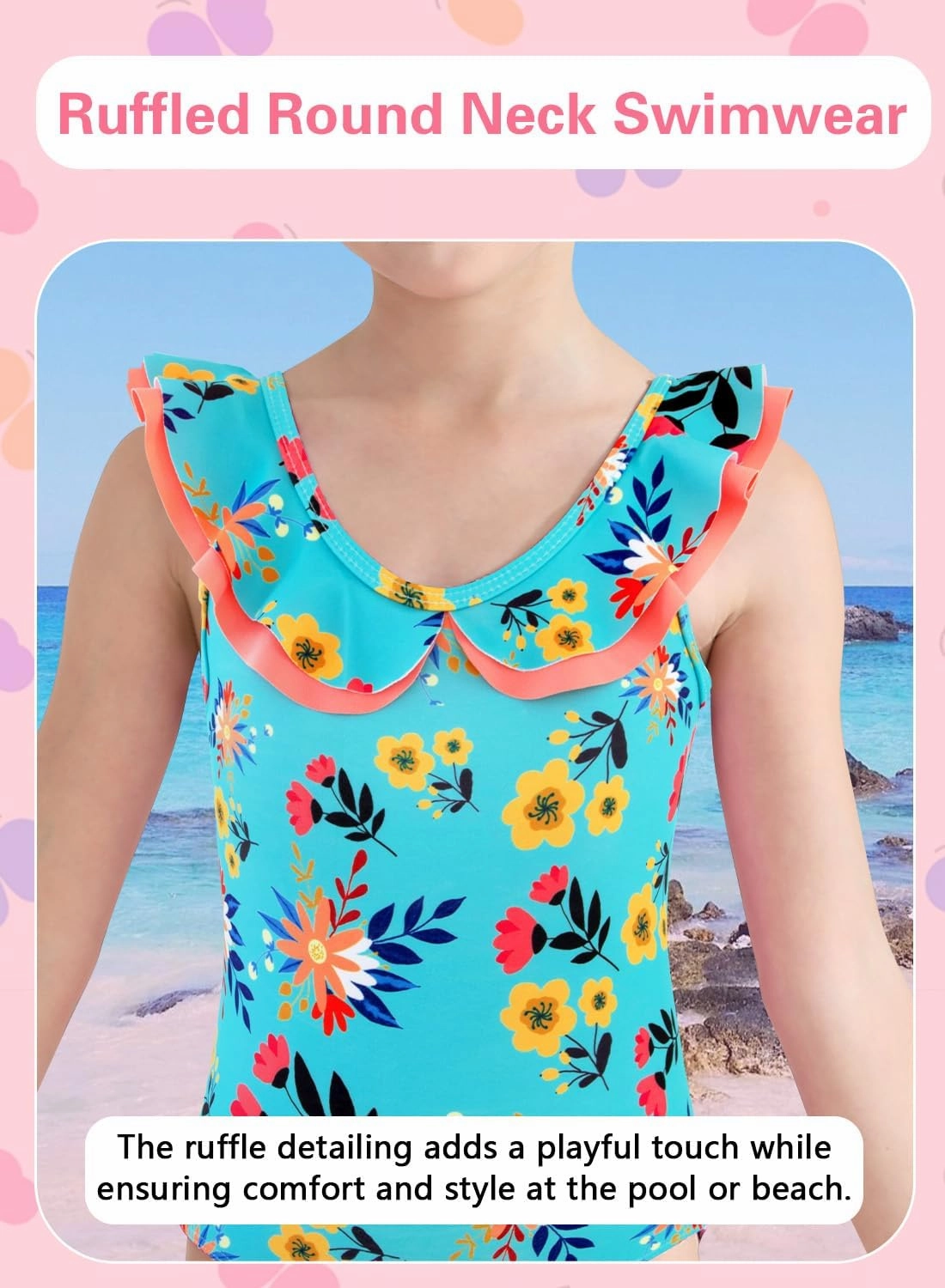 Girls One Piece Swimsuits Quick Dry Toddler Bathing Suits Cute Ruffled Round Neck Beach Swimwear 3-10 Years