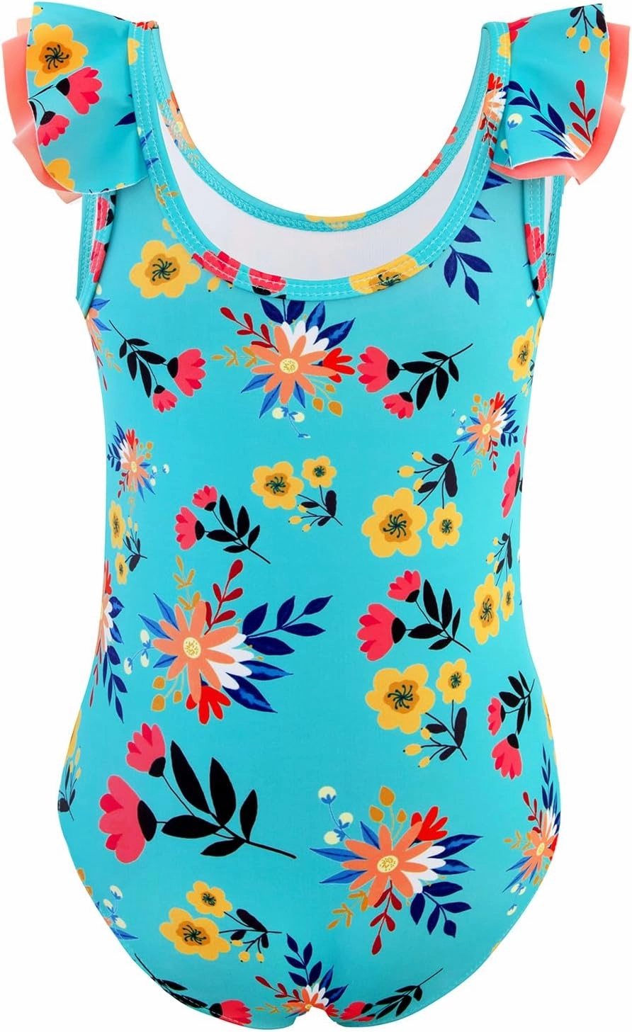 Girls One Piece Swimsuits Quick Dry Toddler Bathing Suits Cute Ruffled Round Neck Beach Swimwear 3-10 Years
