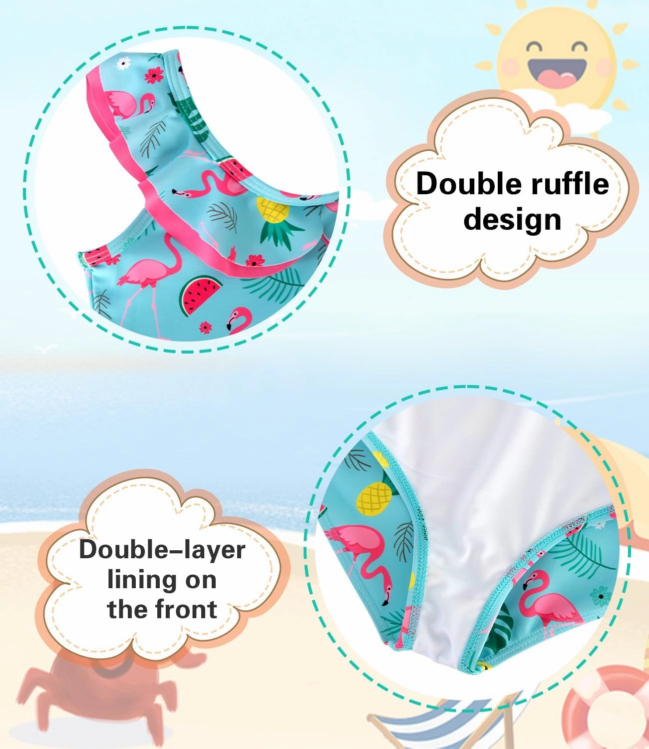 Girls One Piece Swimsuits Quick Dry Toddler Bathing Suits Cute Ruffled Round Neck Beach Swimwear 3-10 Years