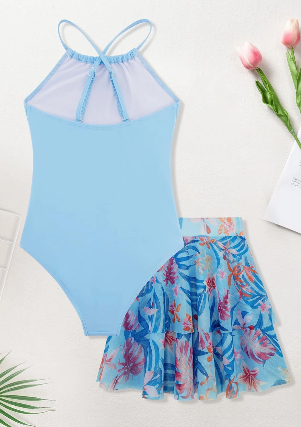 Girls One Piece Swimsuits with Mesh Skirt Tanikini Bathing Suit Swimwear 6-14Y