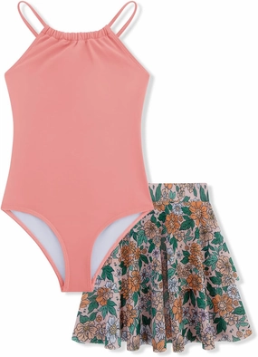 Girls One Piece Swimsuits with Mesh Skirt Tanikini Bathing Suit Swimwear 6-14Y
