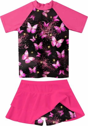 Girls Rash Guard Swimsuit 2 Piece Short Sleeve Bathing Suit Size 6-11