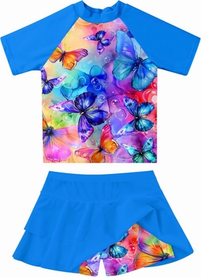 Girls Rash Guard Swimsuit 2 Piece Short Sleeve Bathing Suit Size 6-11