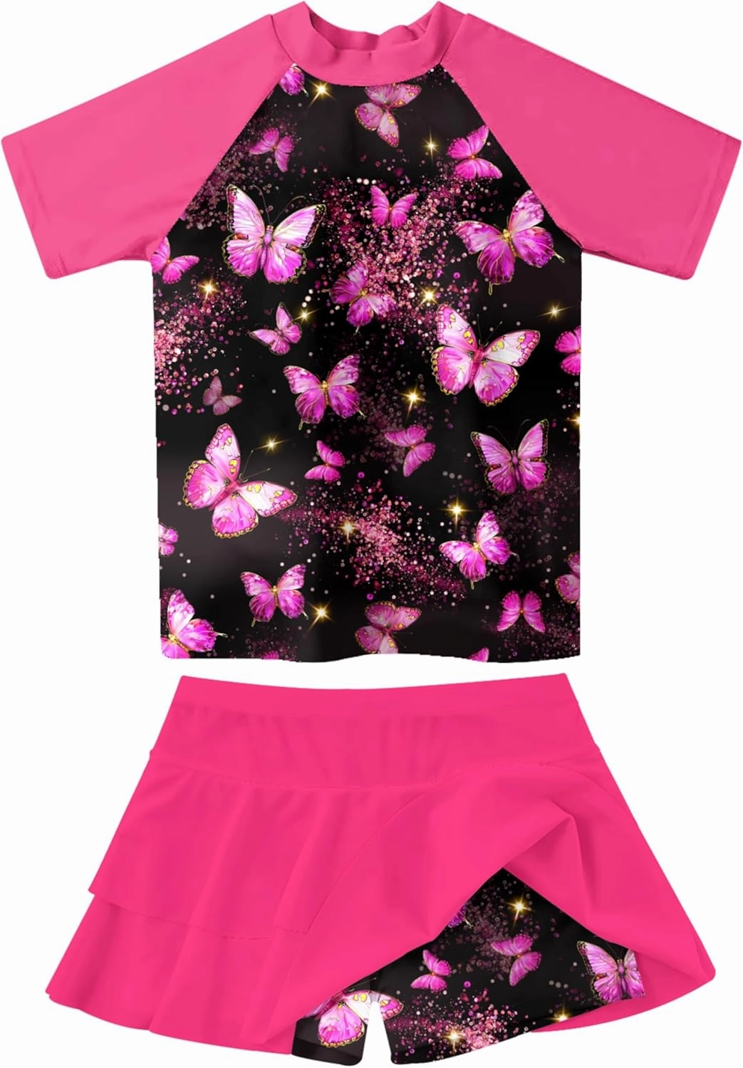 Girls Rash Guard Swimsuit 2 Piece Short Sleeve Bathing Suit Size 6-11