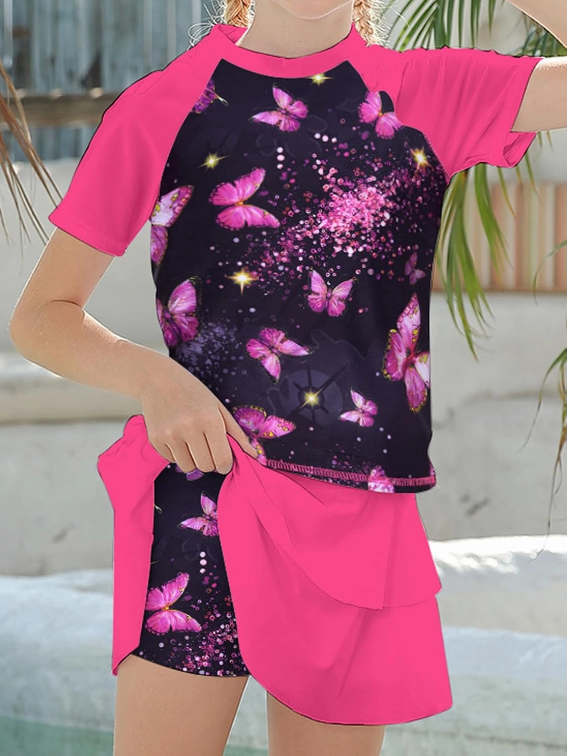 Girls Rash Guard Swimsuit 2 Piece Short Sleeve Bathing Suit Size 6-11