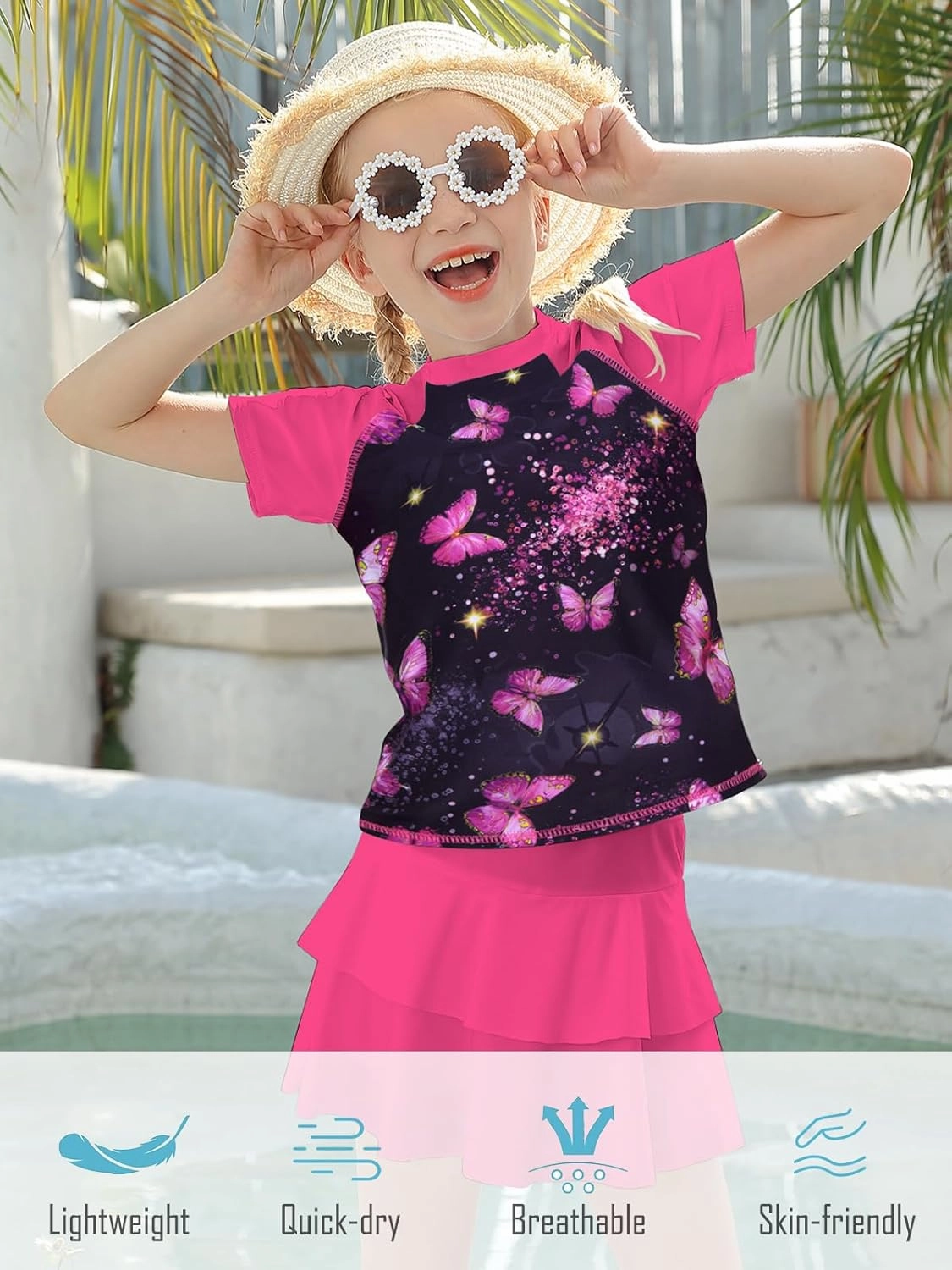 Girls Rash Guard Swimsuit 2 Piece Short Sleeve Bathing Suit Size 6-11