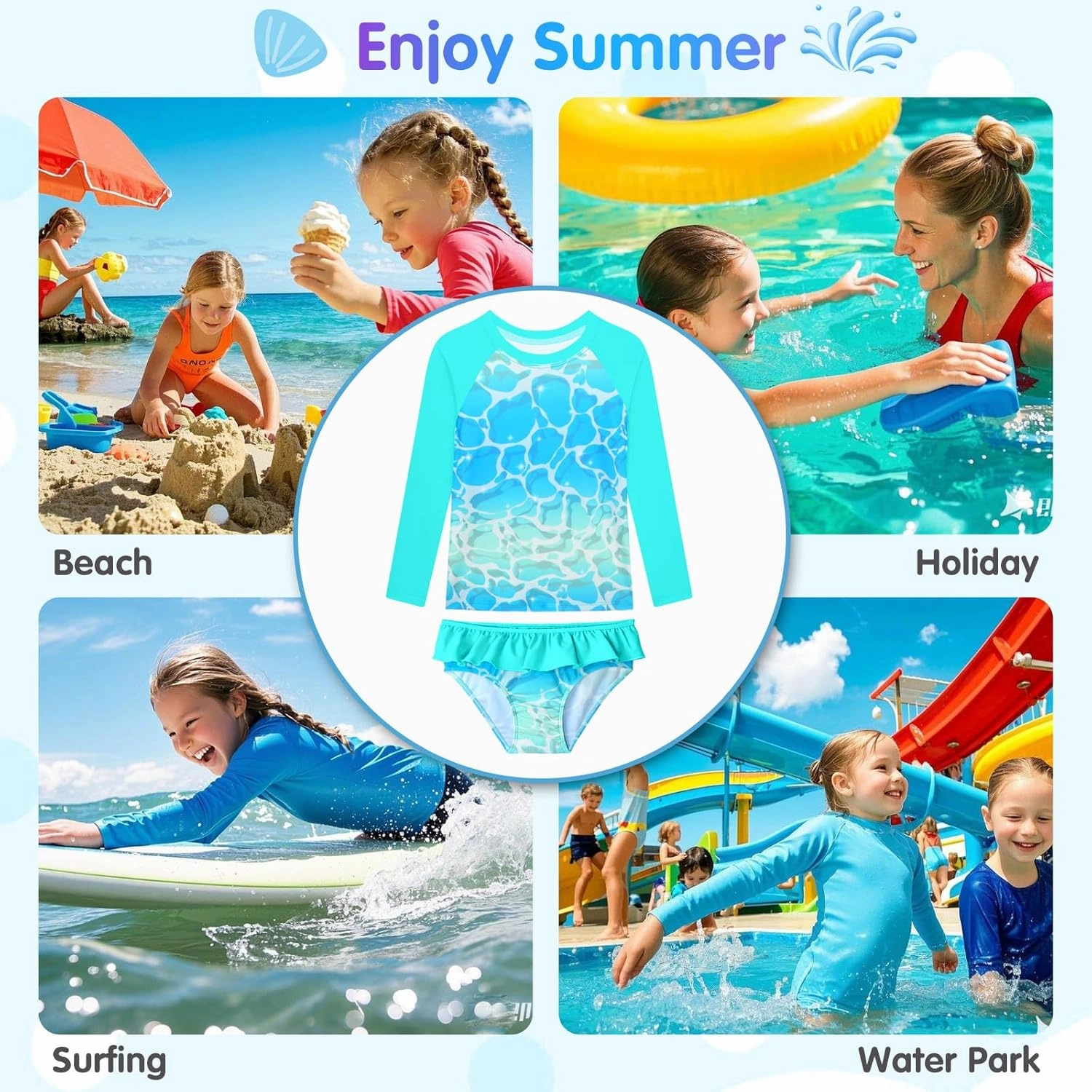 Girls Rash Guard Swimsuit Long Sleeve Tankini Sets Two Pieces Bathing Suit Swimwear UPF 50  Sun Protection