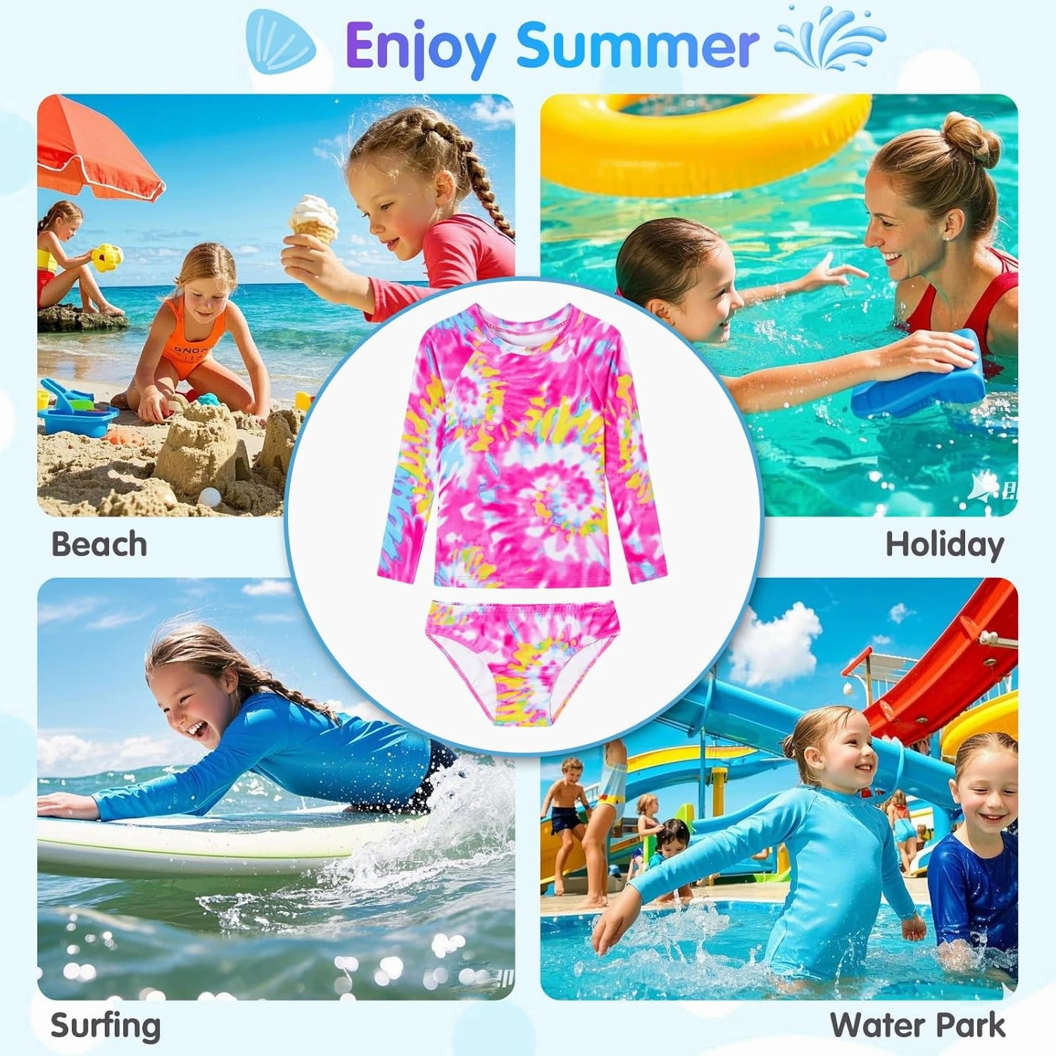 Girls Rash Guard Swimsuit Long Sleeve Tankini Sets Two Pieces Bathing Suit Swimwear UPF 50  Sun Protection
