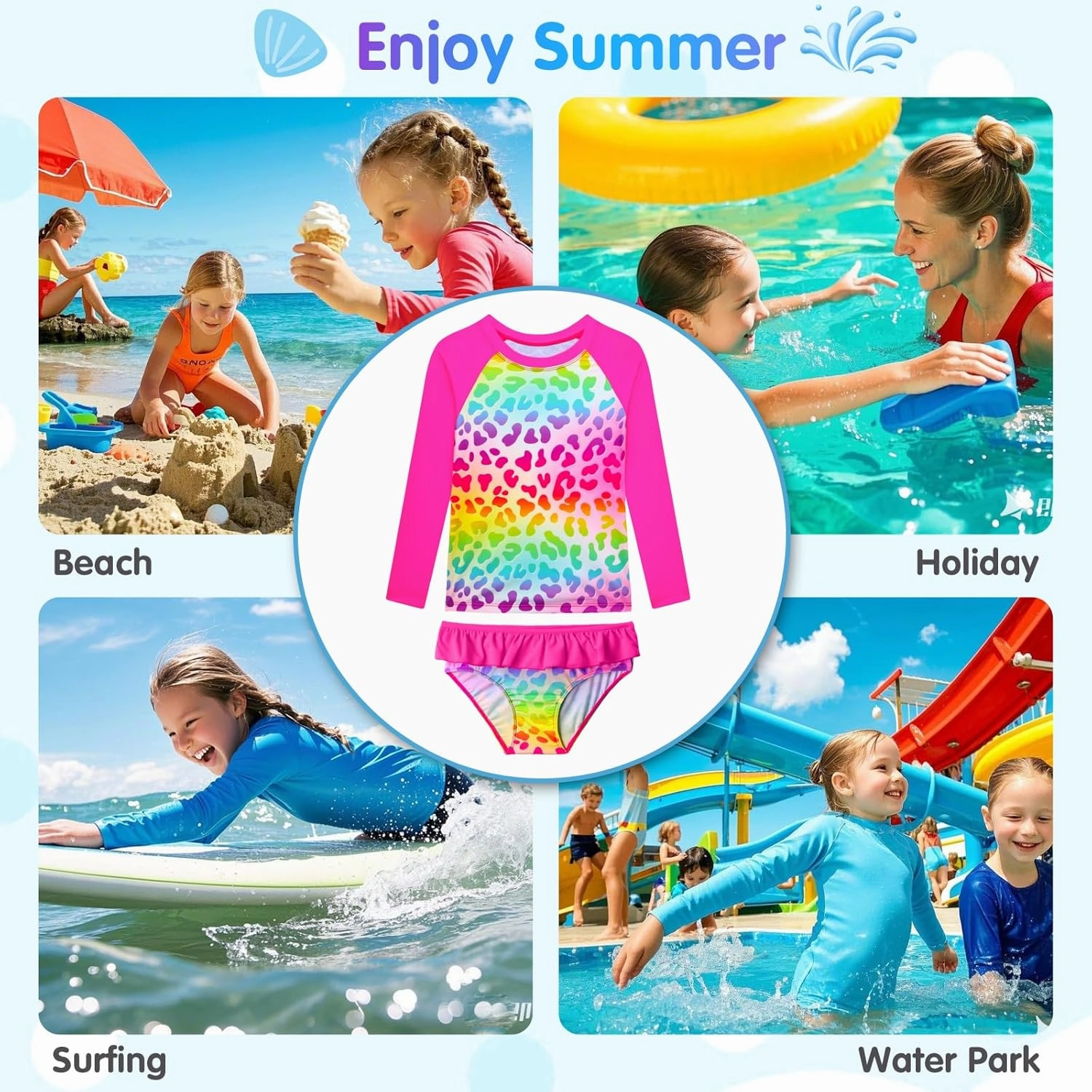 Girls Rash Guard Swimsuit Long Sleeve Tankini Sets Two Pieces Bathing Suit Swimwear UPF 50  Sun Protection