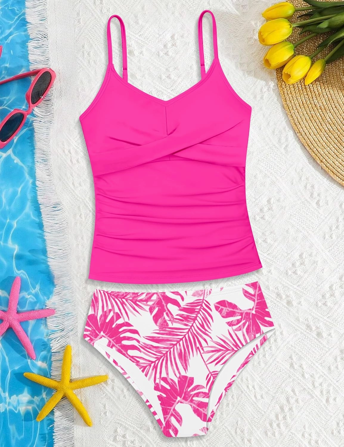 Girls Swimsuit 2 Piece Bathing Suit Criss Cross Ruched Girl Tankini Sets Printed Girls' Swimwear for 9-18 Years