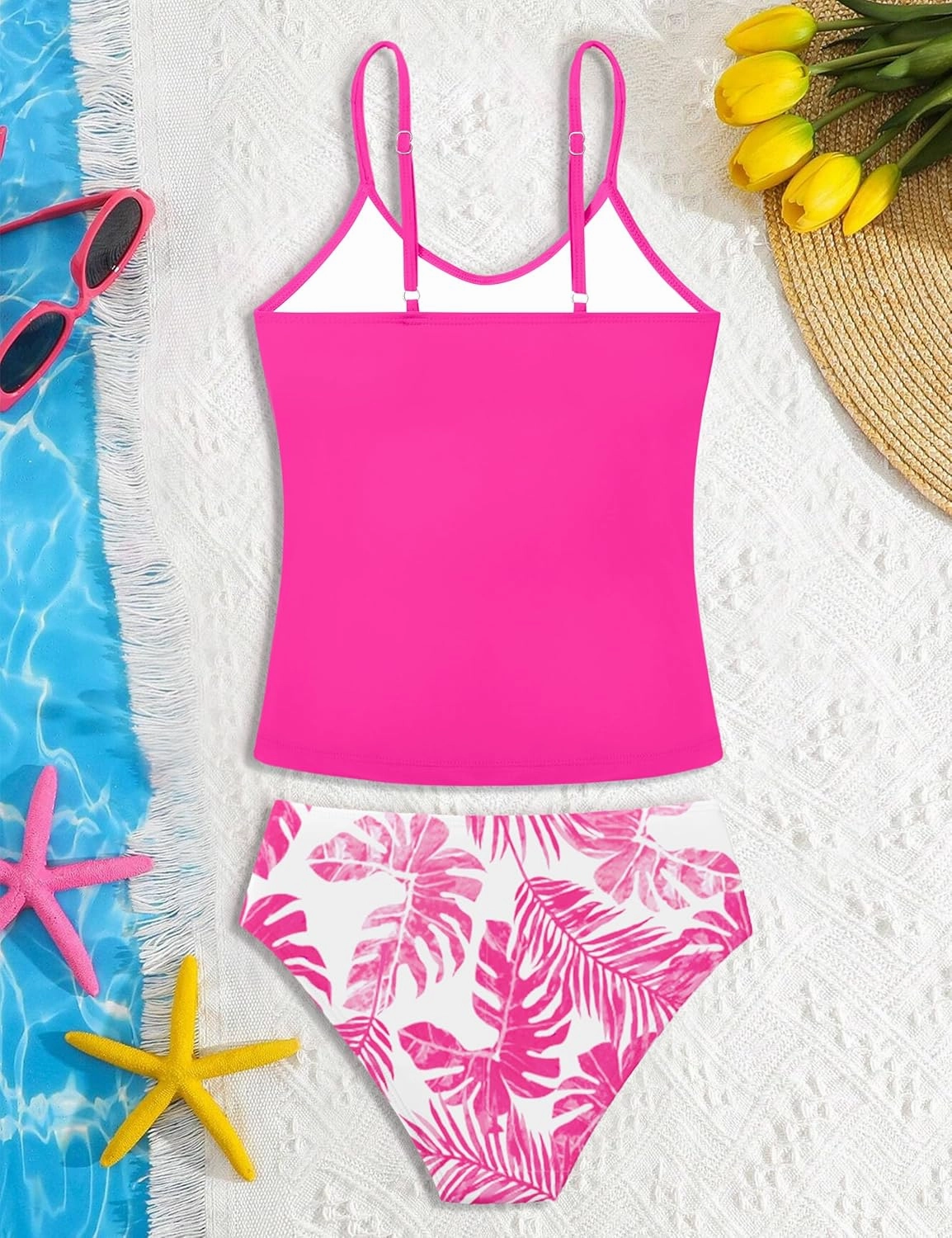 Girls Swimsuit 2 Piece Bathing Suit Criss Cross Ruched Girl Tankini Sets Printed Girls' Swimwear for 9-18 Years