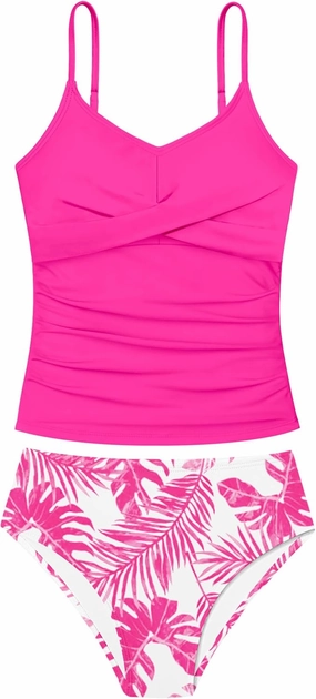 Girls Swimsuit 2 Piece Bathing Suit Criss Cross Ruched Girl Tankini Sets Printed Girls' Swimwear for 9-18 Years