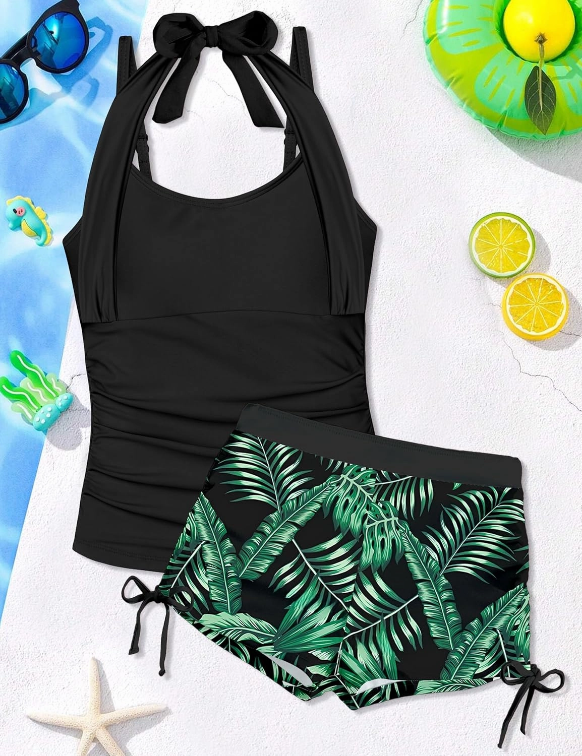 Girls Swimsuit 2 Piece Halterneck Girls Tankini Swimsuit Drawstring Printed Swim Shorts Girl Bathing Suit for 7-16T