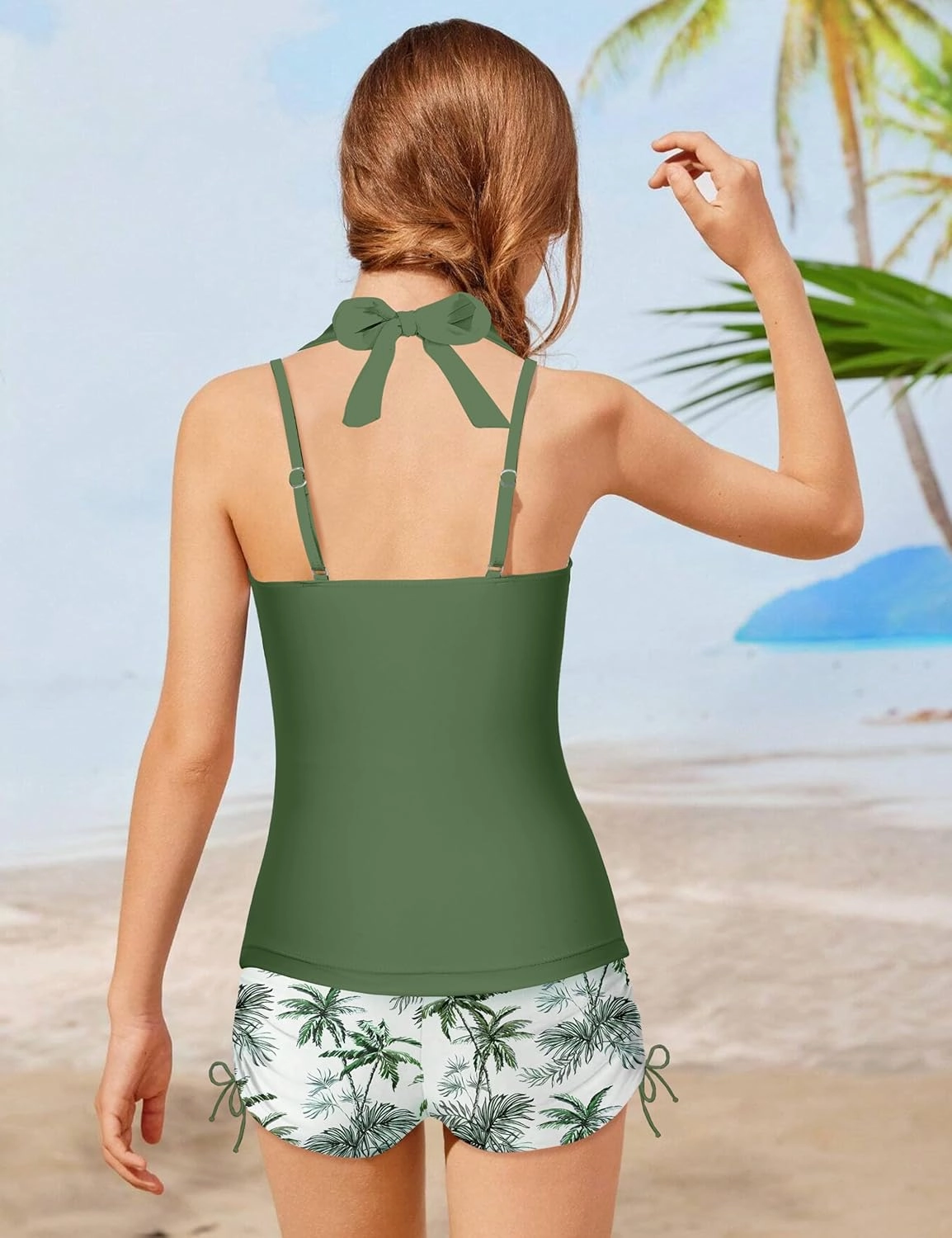 Girls Swimsuit 2 Piece Halterneck Girls Tankini Swimsuit Drawstring Printed Swim Shorts Girl Bathing Suit for 7-16T