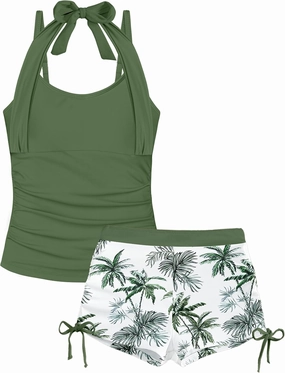 Girls Swimsuit 2 Piece Halterneck Girls Tankini Swimsuit Drawstring Printed Swim Shorts Girl Bathing Suit for 7-16T