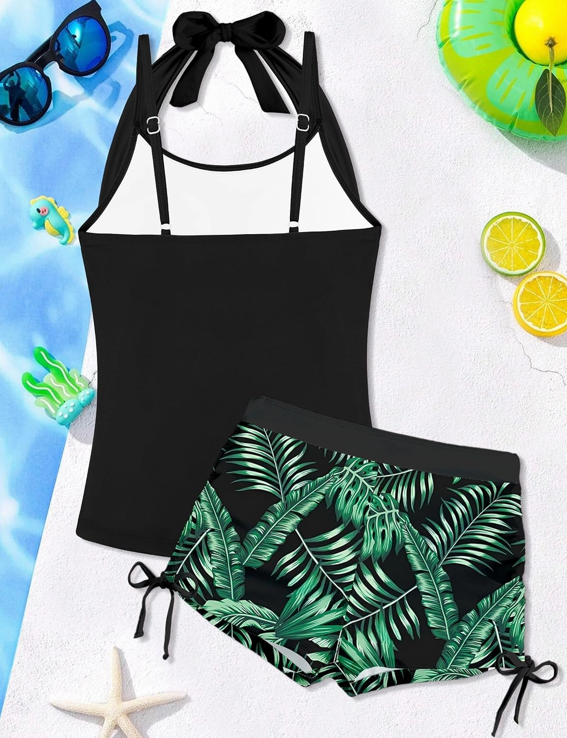 Girls Swimsuit 2 Piece Halterneck Girls Tankini Swimsuit Drawstring Printed Swim Shorts Girl Bathing Suit for 7-16T