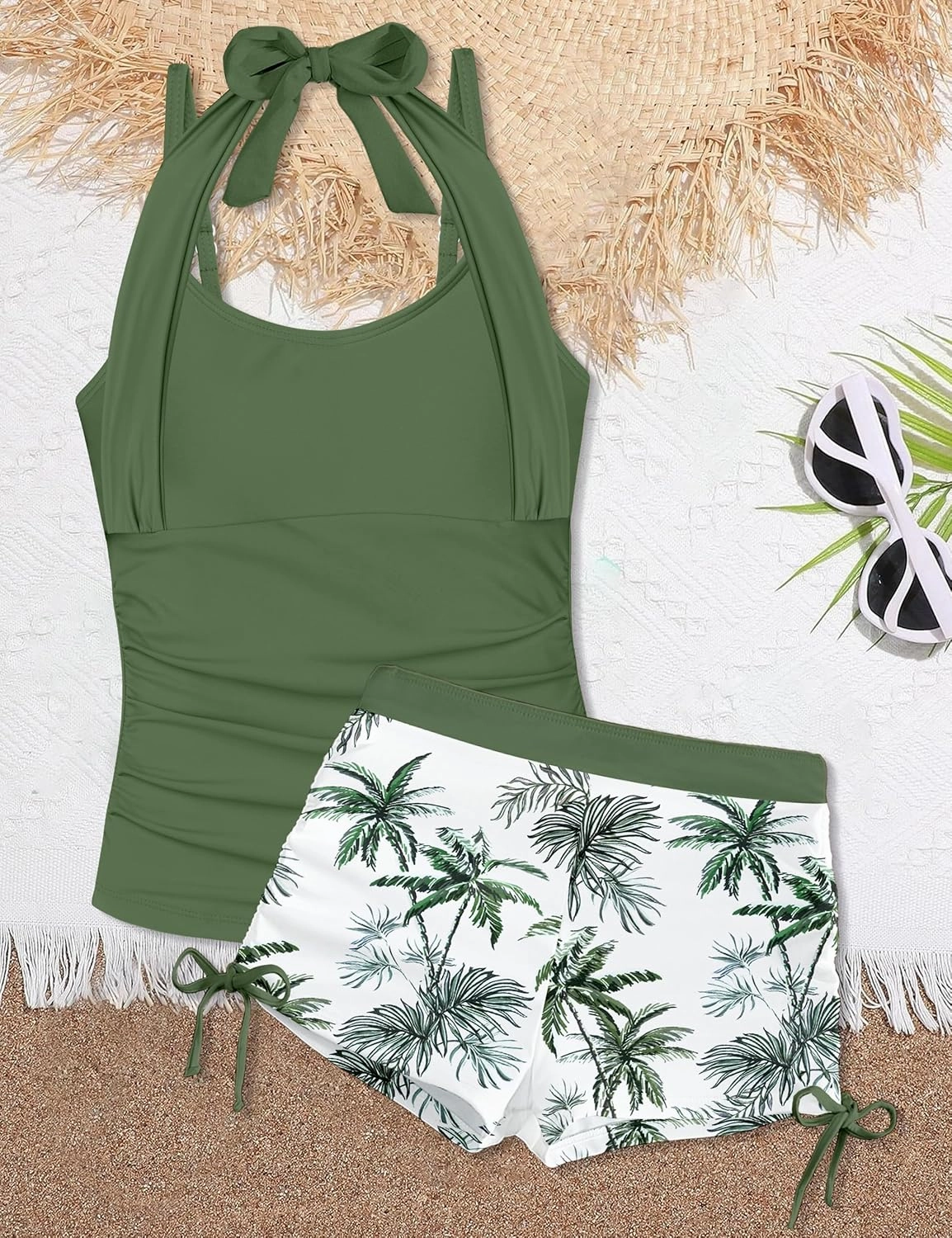Girls Swimsuit 2 Piece Halterneck Girls Tankini Swimsuit Drawstring Printed Swim Shorts Girl Bathing Suit for 7-16T