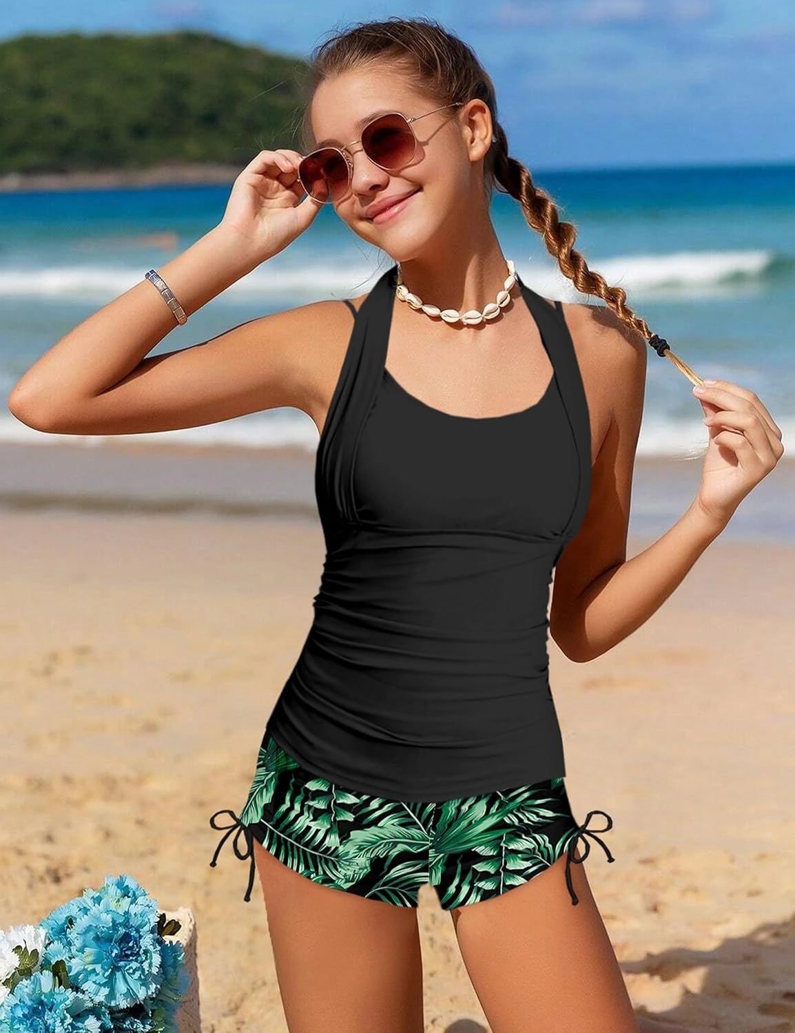 Girls Swimsuit 2 Piece Halterneck Girls Tankini Swimsuit Drawstring Printed Swim Shorts Girl Bathing Suit for 7-16T