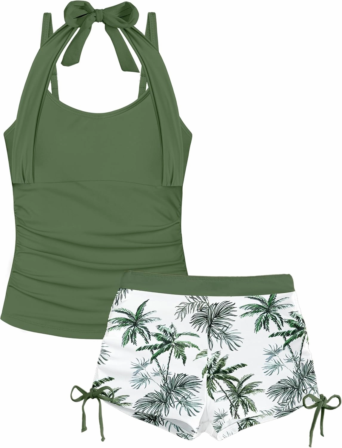 Girls Swimsuit 2 Piece Halterneck Girls Tankini Swimsuit Drawstring Printed Swim Shorts Girl Bathing Suit for 7-16T