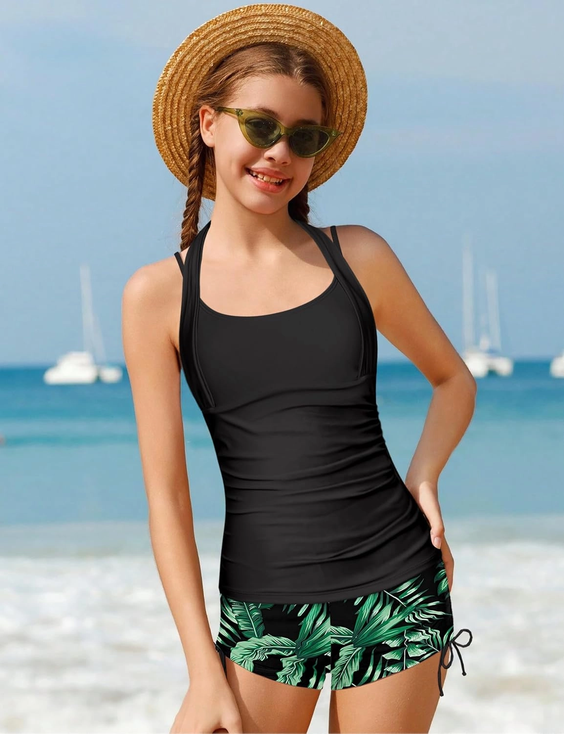 Girls Swimsuit 2 Piece Halterneck Girls Tankini Swimsuit Drawstring Printed Swim Shorts Girl Bathing Suit for 7-16T