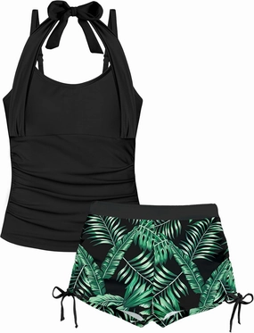 Girls Swimsuit 2 Piece Halterneck Girls Tankini Swimsuit Drawstring Printed Swim Shorts Girl Bathing Suit for 7-16T