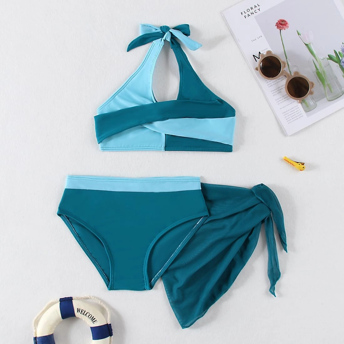 Girls Swimsuit 3 Pcs Bathing Suits Cute Bikini Sets with Solid Color Cover Up Skirt 5-14 Years
