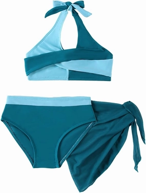 Girls Swimsuit 3 Pcs Bathing Suits Cute Bikini Sets with Solid Color Cover Up Skirt 5-14 Years
